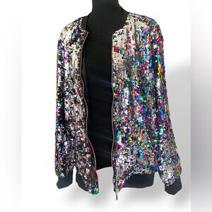 CRESAY Multi Colored Sequined Bomber Jacket Size X-Large Black Holiday Sequin